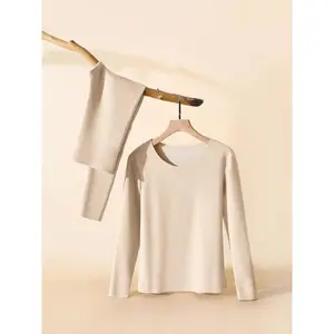 Women'sSolidThermalLinedTop&SeamlessPantsTwo-PieceSet,CasualComfyRoundNeckLongSleeveTop&TrousersforFall&Winter,Women'sThermalUnderwearforDailyWear