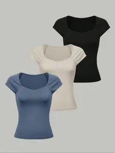 Women's Solid Color Sweetheart Neck Tee, Summer Clothes Women, Casual Comfy T-shirt for Summer, Women's Top for Daily Wear