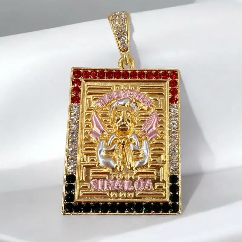 Gold Plated Malverde Sinaloa Pendant with Red & Black Gemstones and Intricate Design for Men
