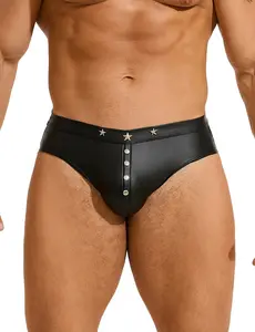Men's Faux Leather Brief with Punk Rivet Plus Size Black Sexy Thong Underwear Low Rise Trunks Hipster