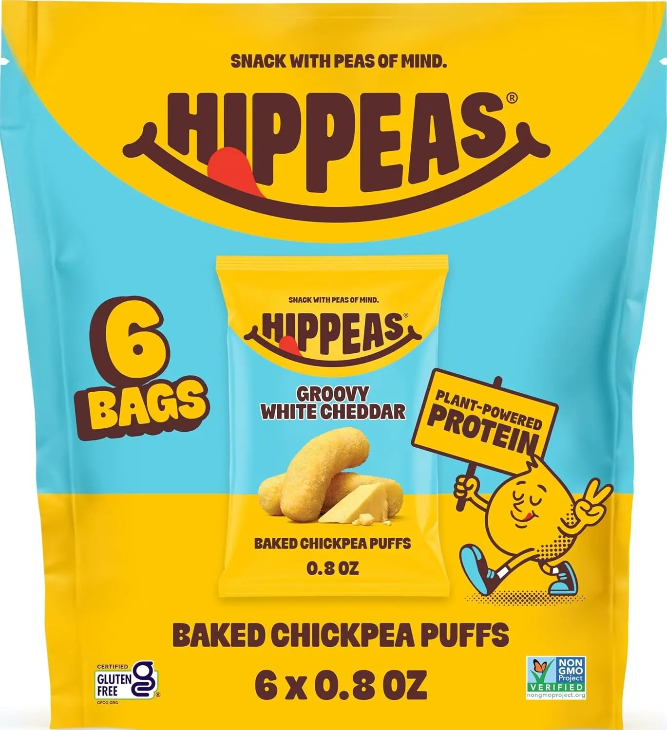 HIPPEAS Chickpea Puffs, Groovy White Cheddar, Gluten Free Snacks, Dairy Free, Vegan, 0.8oz, Pack of 6, 3g Protein, 2g Fiber, Crunchy, Nutritious, Baked Plant Protein Snack, Non-GMO, Kosher
