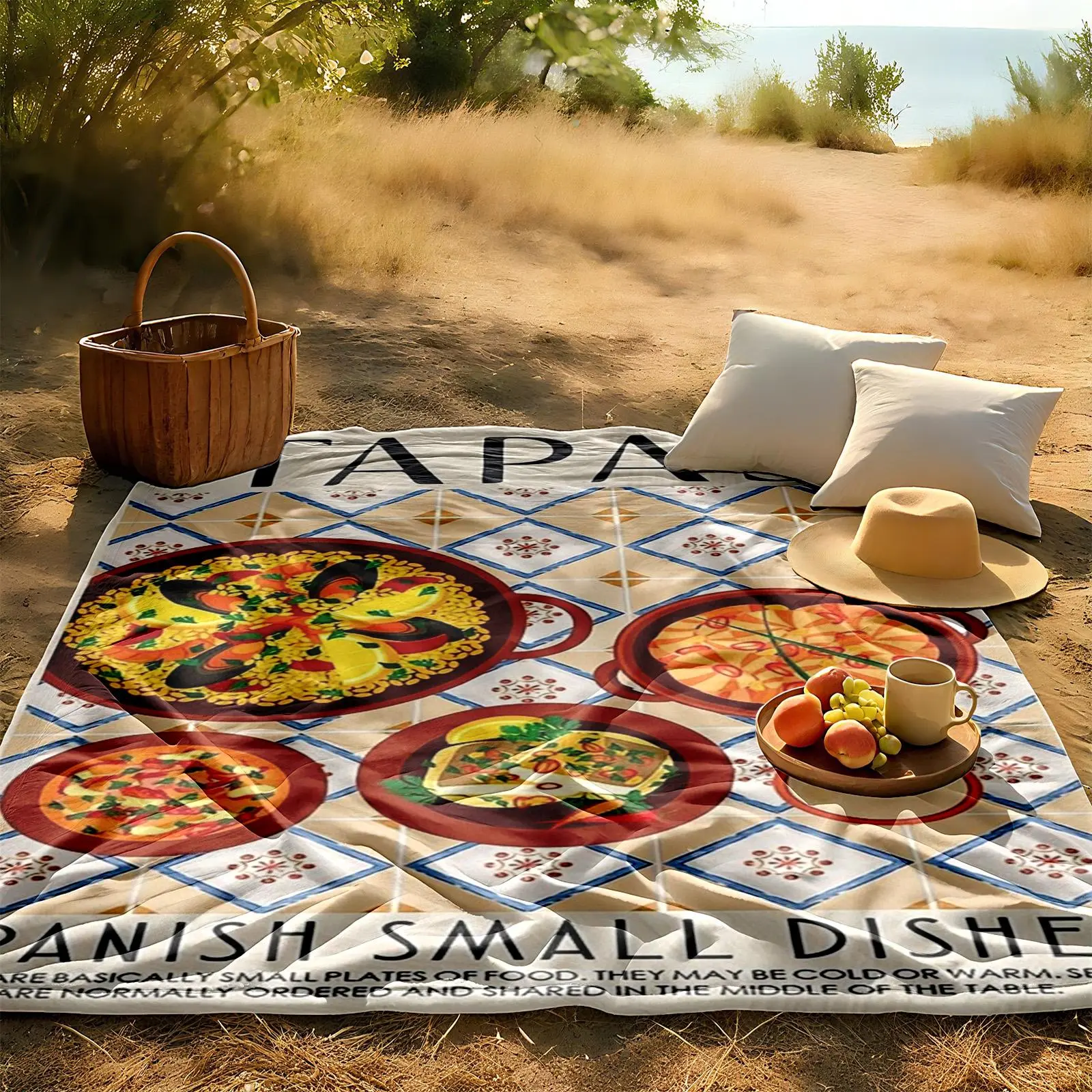 1 piece Selected Traditional Spanish Tapas themed flannel blanket - All-season flannel blanket, suitable for sofas and beds, super soft and comfortable, modern design style, digitally printed pattern, 100% polyester material, machine washable