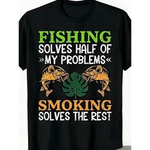 MenS Casual T-Shirt with Smoking Fish & Weed Graphic - 420 Day Design, Round Neck, Short Sleeve, Regular Fit, All-Season Wear, Everyday Tshirt Humorous Graphic Tee Tshirt