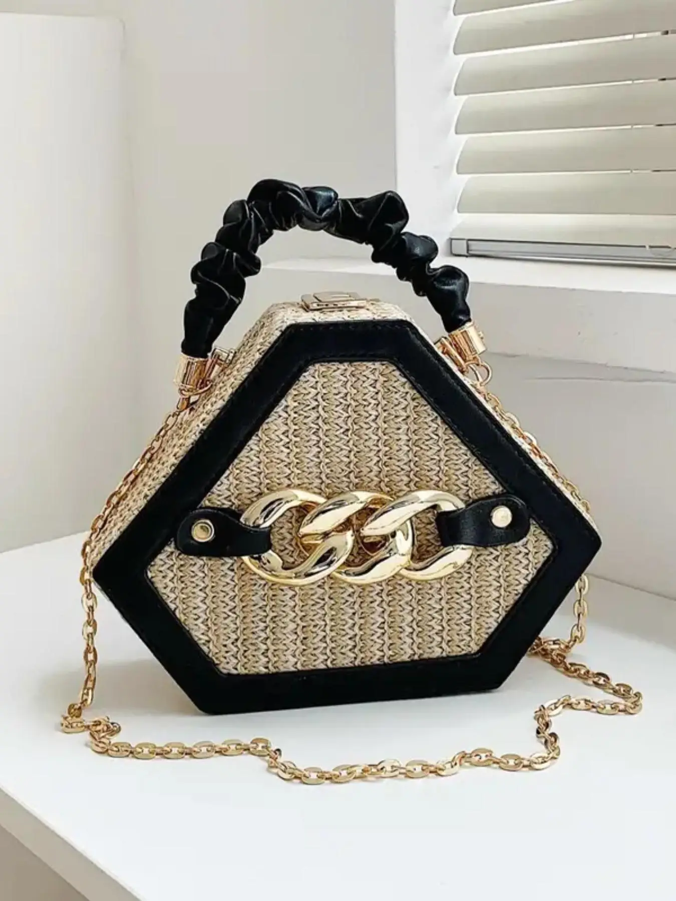 Fashion Chain Decorated Handbag, Top Handle Design Straw Box Crossbody Bag for Women, Casual Trendy Versatile High-quality Daily Commuting Bag