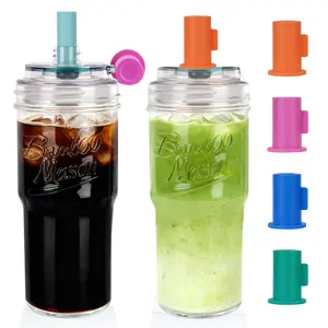 CAPCUP 2-Pack 24oz Leak Proof Glass Tumbler with Lid & Straw -  Thickened for Iced Coffee, Smoothies,Cocktails and Juices-Elegant Durable for Home, Office,Travel- Dishwasher Safe Reusable Water Bottles