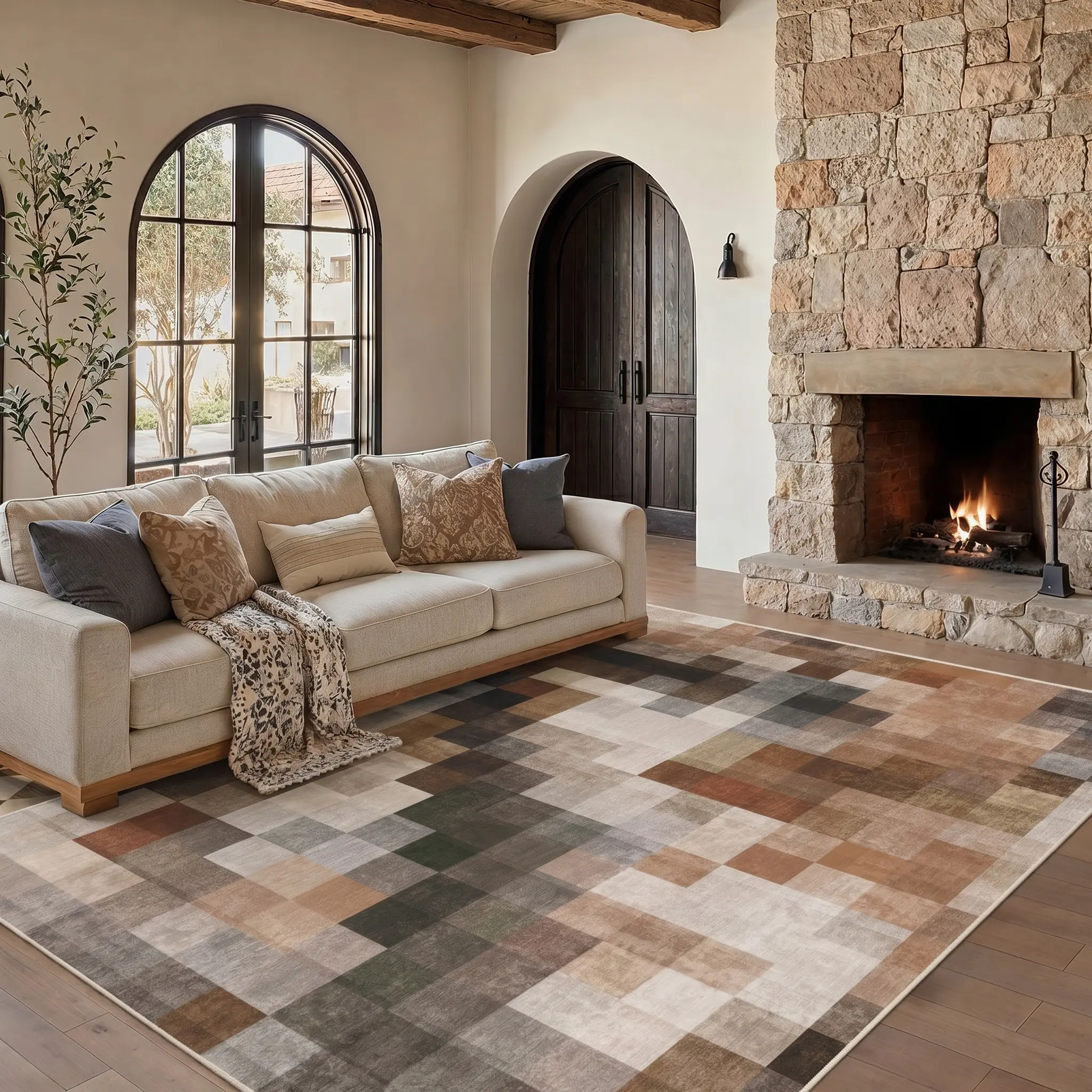 PureCozy Checkered Area Rugs With Checkered Pattern for Living Room Brown Machine Washable Large Rug Non-Slip Stain Resistant Low Pile Boho Accent Indoor Throw Carpet for Bedroom Dining Room Home Aesthetic Decor