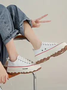 Women's Fashionable Lace Up Front Canvas Sneakers, Trendy Casual Sports Platform Shoes For Spring & Summer, Preppy Style Solid Color Walking Shoes