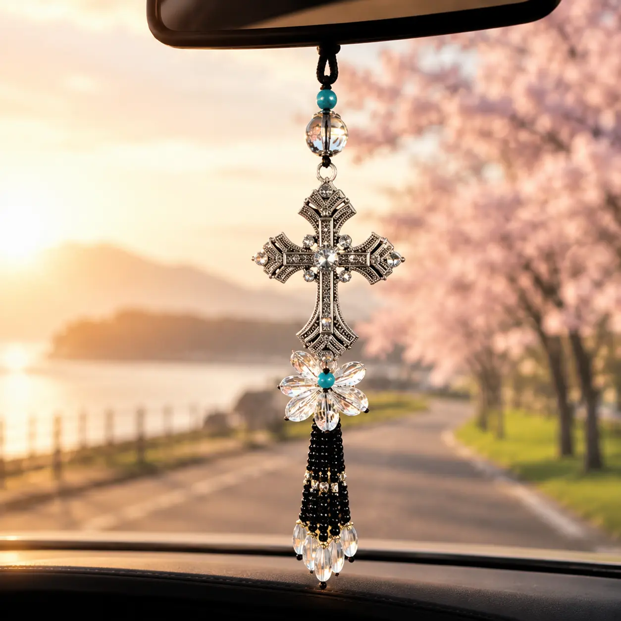 Vintage Rhinestone Cross Car Hanging Ornament, Sparkling Crystal Rearview Mirror Charms with Tassel, Silver Religious Crucifix Auto Interior Decor, Christian Protection Gift for New Drivers