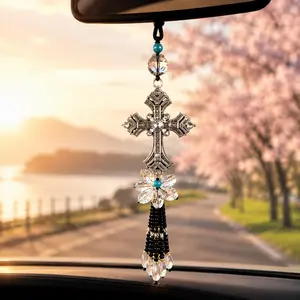 Vintage Rhinestone Cross Car Hanging Ornament, Sparkling Crystal Rearview Mirror Charms with Tassel, Silver Religious Crucifix Auto Interior Decor, Christian Protection Gift for New Drivers