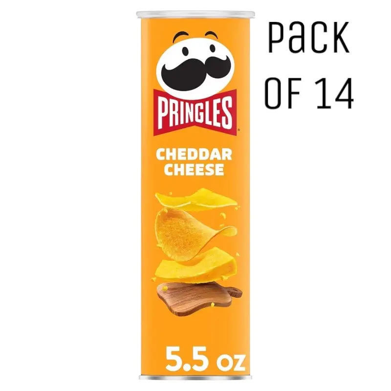 Pringles Cheddar Cheese Wheat Potato Crisps, 5.5oz Cans (Pack of 14) with Can Packaging, Ambient On-the-Go Kosher Dairy Snacks for All Ages, Light & Crispy for Game Time, Barbecue