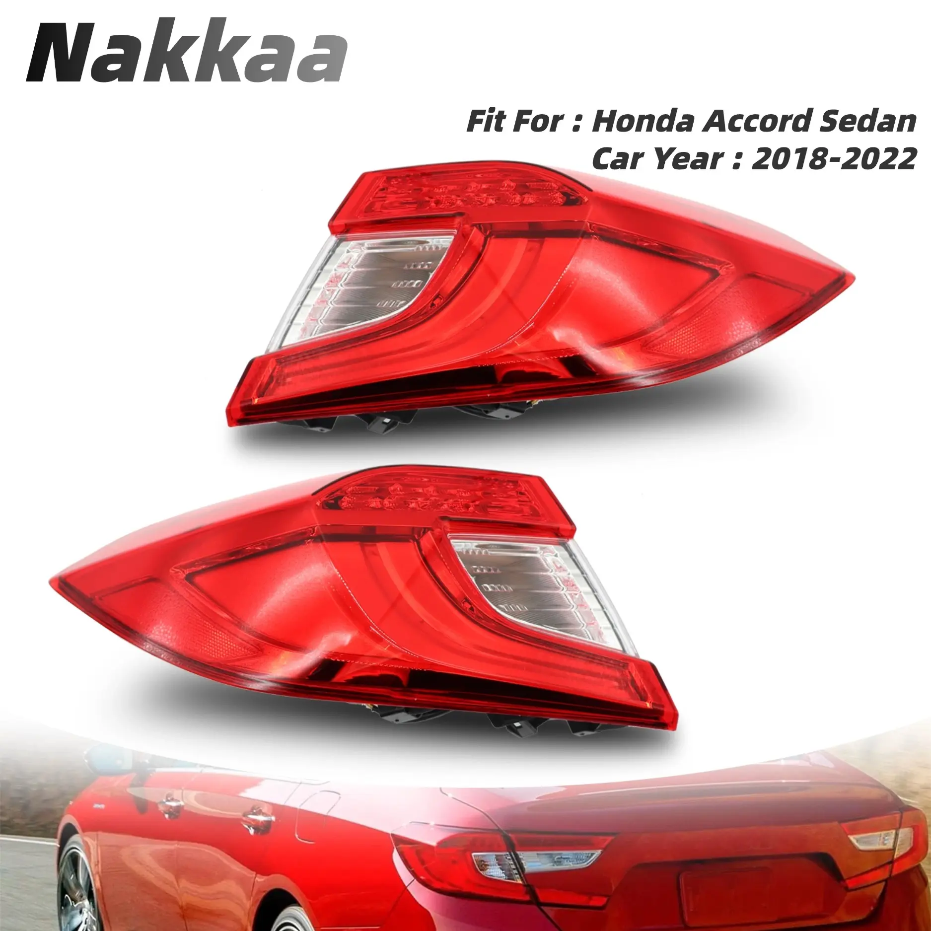 Nakkaa Full LED Sequential Turn Signal Tail Light Assembly Pair, Dynamic Scan Multi-Modes PP/PC Rear Lighting, Red&Clear Lens Direct Replacement Taillamps For 2018-2022 Honda Accord Sedan Left Right