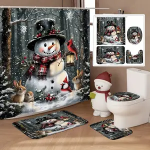 1/4pcs Christmas decoration winter snowman red crown bird design shower curtain set, festive design, non-slip floor mat, U-shaped carpet, toilet lid cover, perfect for bathroom decoration, partition, beautify space, 12 shower curtain hooks are included
