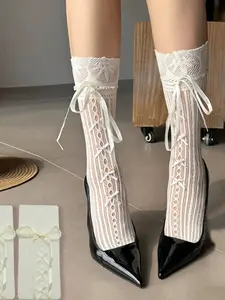 Spring Summer Women's Ankle Socks with Lace Trim and Bow, Lolita Sweet Style Knee High Socks for Daily Dating, Pair with Mary Jane Shoes