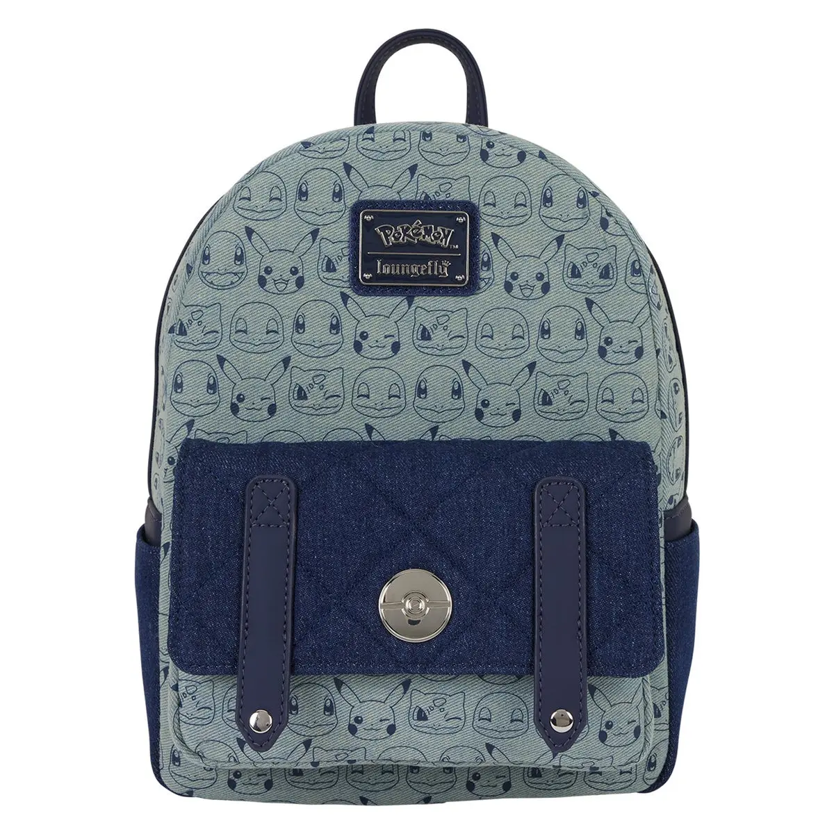 Loungefly Pokemon Faux Denim Mini Backpack with Debossed Pattern, Quilted Pocket, Faux Leather Trim, and Molded Metal Charm