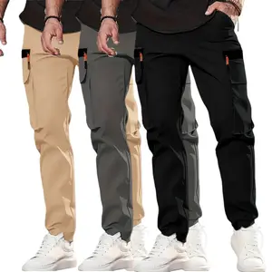 3 Pack Men's Casual Solid Athletic Pants with Multi-Functional Pockets Lightweight Soft Polyester Fiber