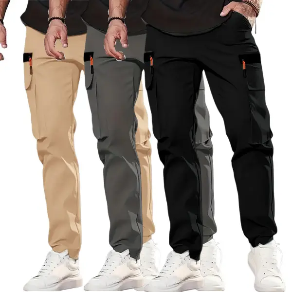 Men's 3-Pack Solid Athletic Pants - Lightweight Soft Polyester, Multi-Functional Pockets, Casual, Comfy, Form-Fit, Non-Denim Activewear for Sports, Casual Men's Pants, Comfy Men's Pants