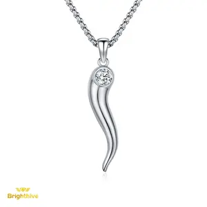 Brighthive Italian Horn Necklace S925 Cubic zirconia Italian Horn This 925 Sterling Silver Cornicello Necklace Pendant is suitable as a gift for Men and Women on Anniversaries Birthdays or Christmas.