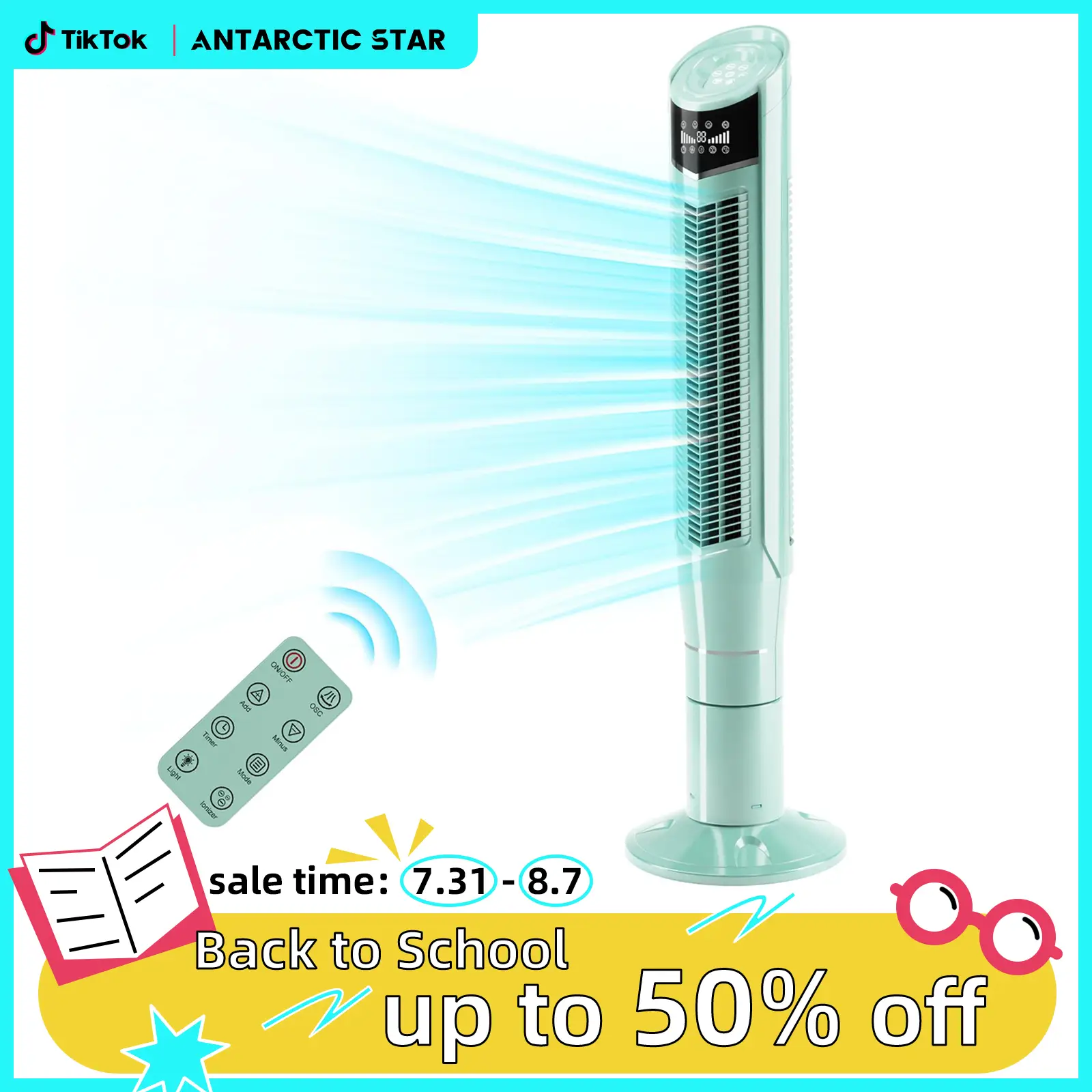 【Back to School】Antarctic Star Tower Fan 360°Oscillating Fan Quiet Cooling 24H Timer Remote Control Powerful Standing 8 Wind Speed 3 Wind Modes Ionize