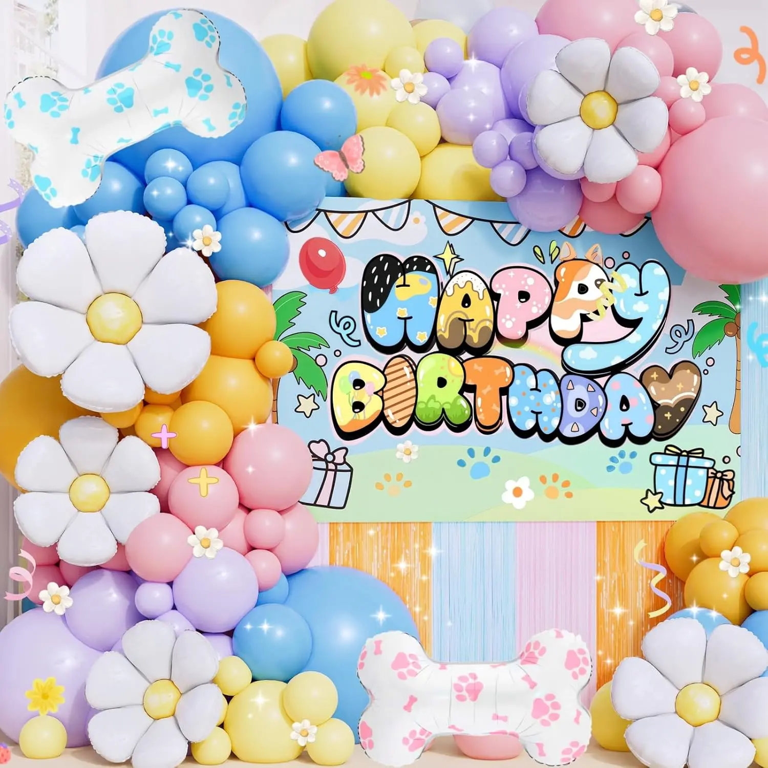 Blue Dog Birthday Party Decorations Cartoon Balloon Arch Kit with Backdrop & Bone Foil Balloons