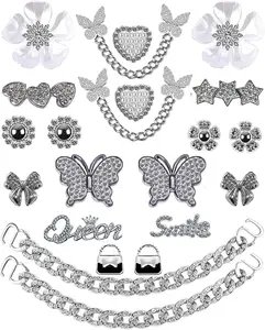 22Pcs Luxury Bling Shoe Charms for Women - Designer Rhinestone & Pearl Decorations with Metal Chain - DIY Jewelry Accessories for Clog Sandals