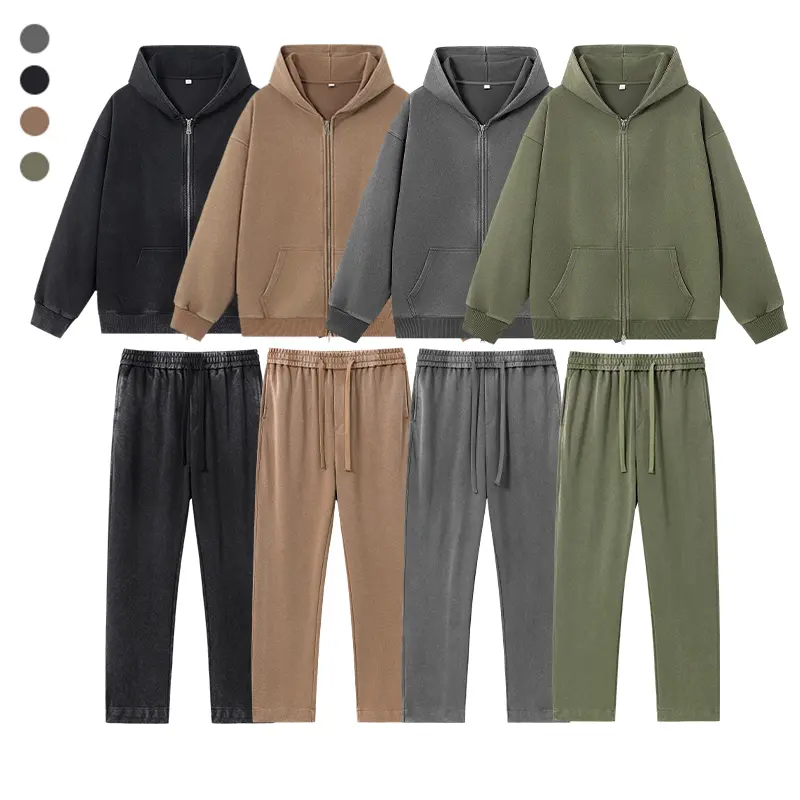 Men's 2-Piece Acid-Wash Distressed Casual Hooded Sports Set - New Autumn/Winter Zip-Up Sweatshirt & Wide-Leg Pants, Multi-Color Options, Unisex Fit