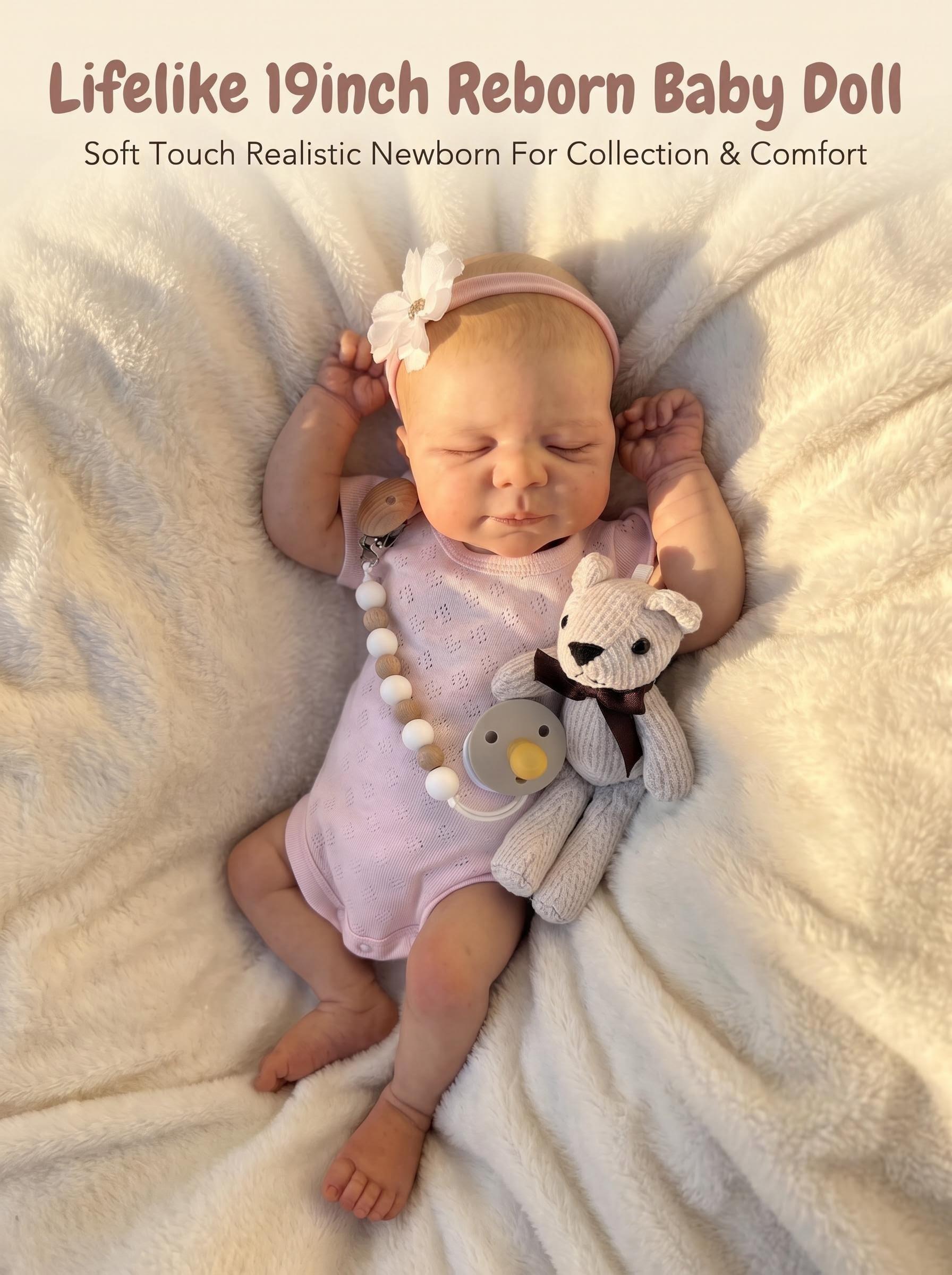 19-Inch Vinyl Body Sleeping Pose Reborn Baby Doll, Realistic Newborn with Pink Hollow-Knit Onesie, Flower Headband, Pacifier Bead Chain, CPC-Certified Handcrafted Collectible Collectibles Gift for Girls, Adults 18+