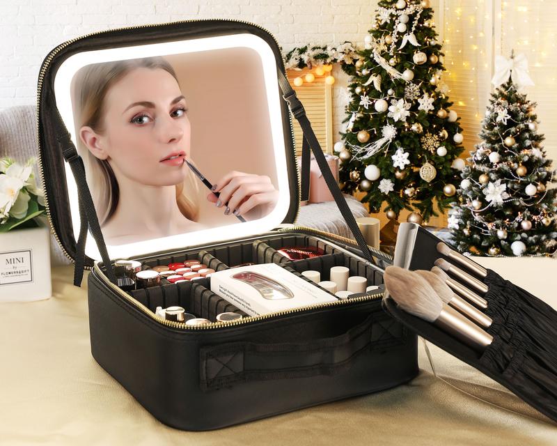 Behaesty Portable Makeup Bag with 3-Color LED Light Detachable Mirror 2000mAh USB Rechargeable Waterproof PU Leather Organizer Compact Travel Cosmetic Pouch Vanity Purse  Zip TikTokShopBlackFriday