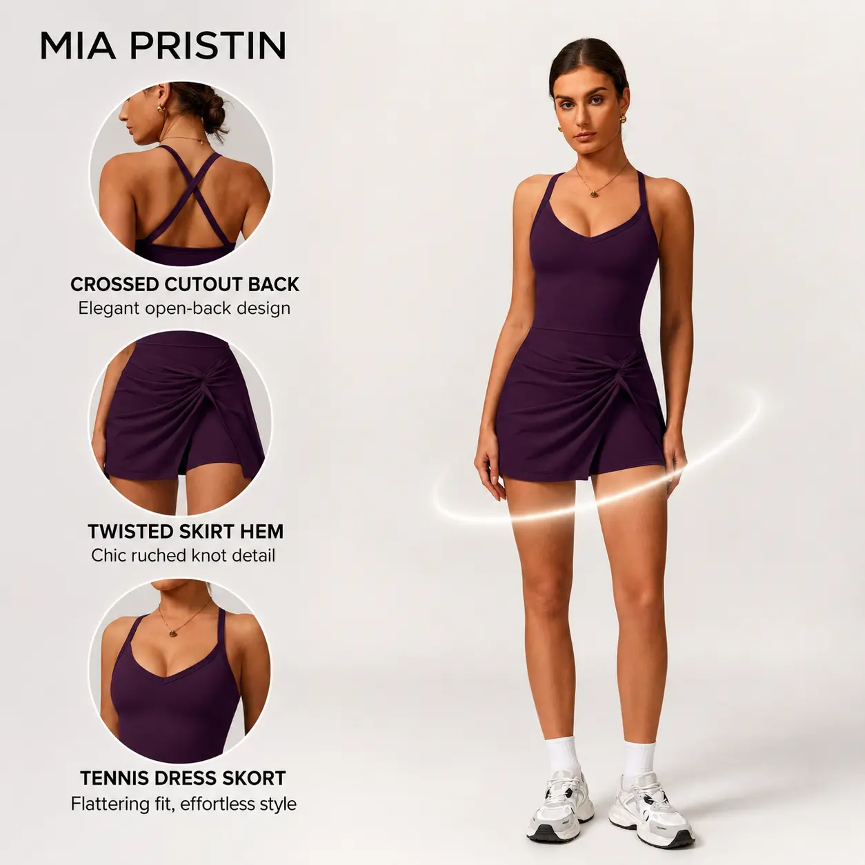 MIA PRISTINE Women's Sporty Chic Sleeveless Romper with Twist Knot Skirt, Built-in Shorts & Criss-Cross Back for Tennis & Golf, Skirts, Stretch, Female, Athletic