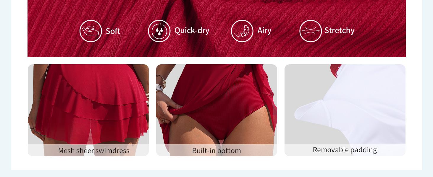 Charmo Women One Piece Swim Dress  Full Coverage Bathing Suit Mesh Sheer Swim Skirt Swimwear Tummy Control Swimsuit