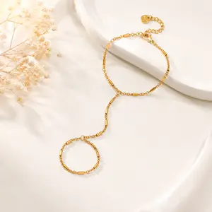 LUCKY Memories Adjustable Dainty Bar Link Finger Bracelet Two Section Hand Chain Stainless Steel Gold Trendy Stackable Hand Accessories For Gift ， Meaningful Gifts for Mom, Women & Girls