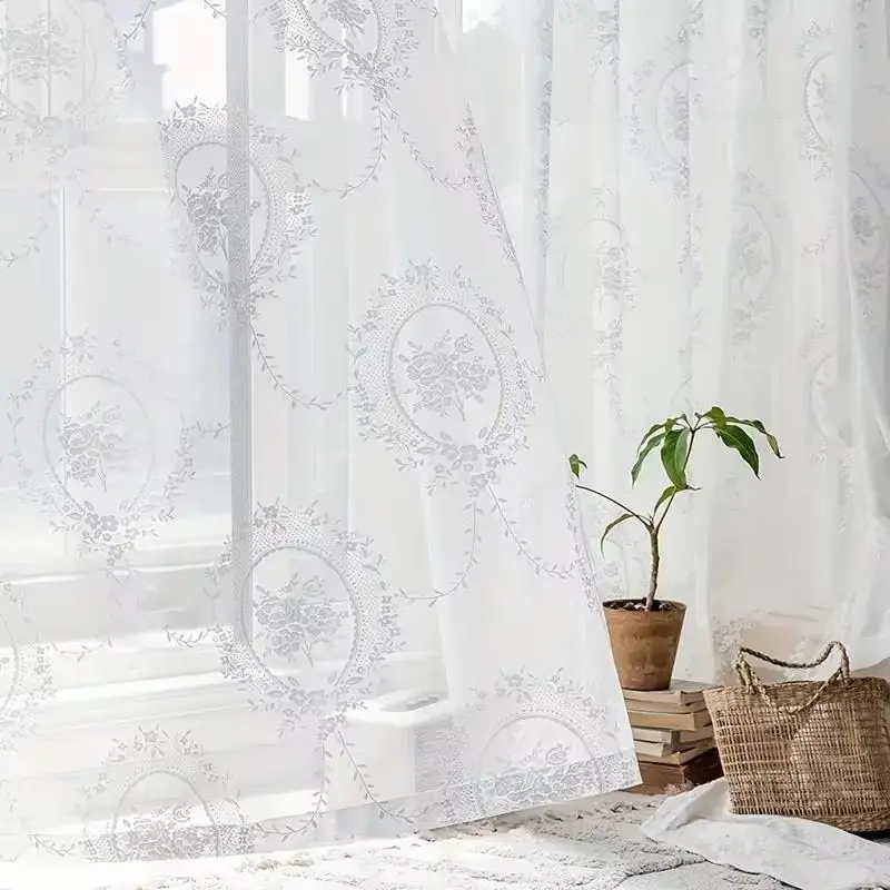 1pc Nordic Vintage Solid Color Sheer Window Curtain, Knitted Flower Pattern, Romantic Atmosphere, Suitable for Living Room, Bedroom, Wedding Decor, Floral Sheer Curtains