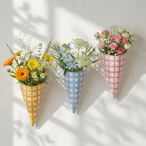 AIM & GGKK Geometric Wall Vases - Set of 3 Pink Blue Yellow Plaid Pattern Wall Flower Vases for Modern Home Decor, Entryway, Hallway, Bathroom, Living Room, Dining Room, Narrow Spaces