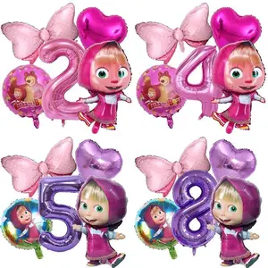 Masha and The Bear Birthday Balloons Decoration Number Bowknot Heart Ballons Set Girl Boy Party Supplies Kids Birthday Favors