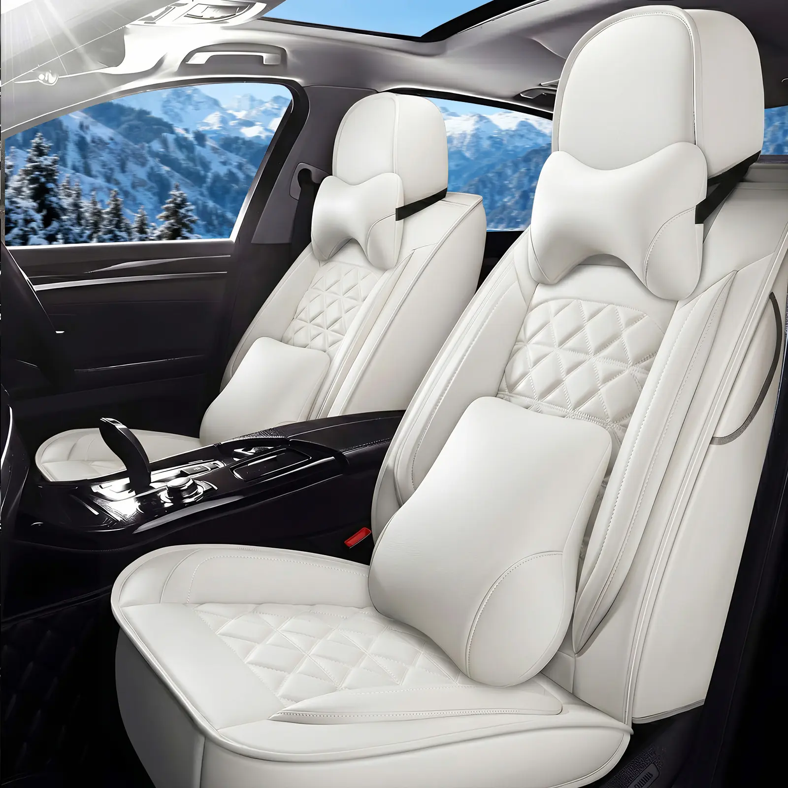 OTOEZ 5-Piece Nappa Leather Protective Set - 2 x Front Seat Covers, 2 x Headrest Pillows, 1 Back Seat Cover, Modern White Diamond Pattern, Waterproof, Wear-Resistant, Pet-Friendly Girly Car Accessories for Cars/SUVs