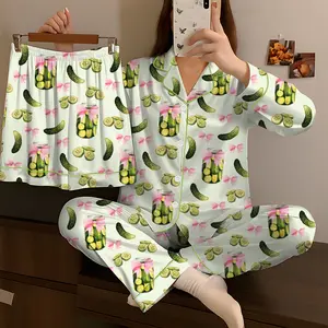 Women’s Pickles Coquette Cute Bow Pickle Jar Print Short Sleeve Satin Pajama Set