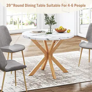 Nicole Selection Round Marble Dining Table 250KG Heavy Duty, Waterproof & Easy Clean, Modern Kitchen Table with Oak Finish Legs for Home Restaurant