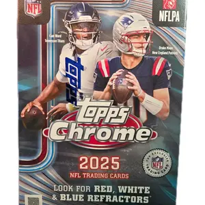 Topps 2025 Chrome NFL Blaster Trading Cards with Red White & Blue Refractors Exclusive NFLPA Licensed