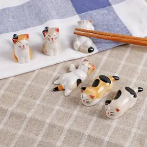 WhiskerWonders 6pcs Ceramic Cat Utensil Rest Set - Japanese Chopstick Holder, Pen Stand, Kitchen Cutlery Tray, Spoon Rest, Chopstick Pillow Tableware