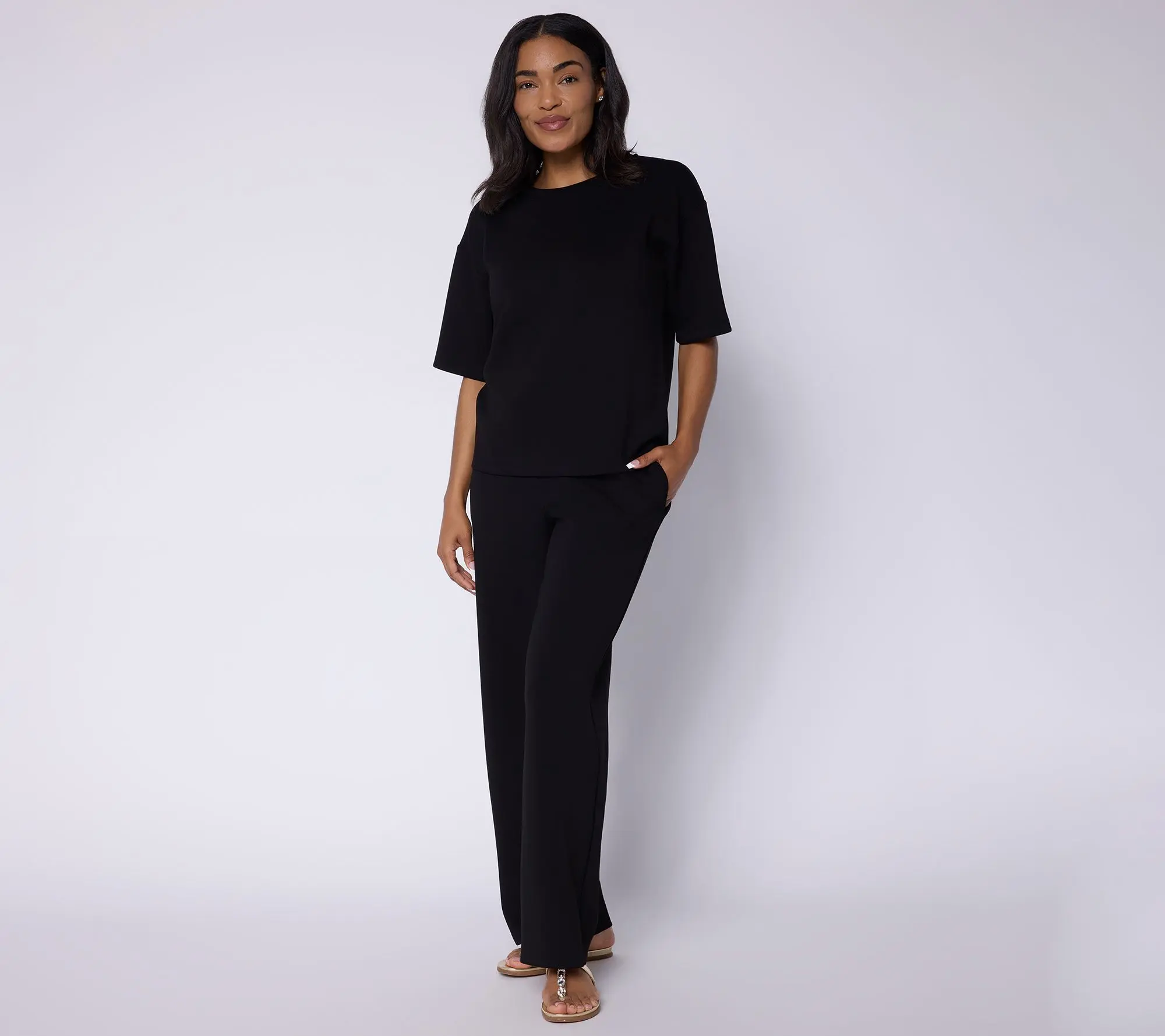 Susan Graver Weekend Regular Serene Knit Top and Wide Leg Pant Set