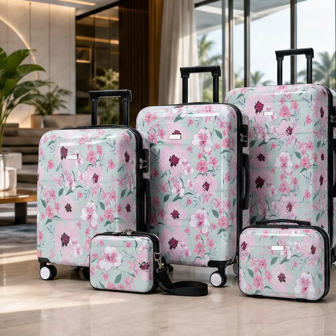 Women's ARCH 5-Piece Printed Flowers Hardside PC Luggage Set - Lightweight Durable Spinner Wheels Suitcases with TSA Lock, Handles, Zip, Shoulder Straps, 8in Case,14in Cosmetic Case,20/24/28in Luggage, Green&Pink, 11.00x18.10x29.50in Inches, 24.97 lb, S