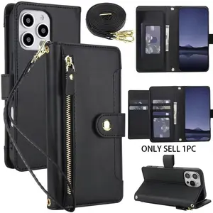PU Faux Leather Wallet Case Compatible with for iphone 17 Air 16E 16 15 14 Plus 13 12 Mini 11 Pro X XS Max XR 8 7 Plus SE 5G 2022 2020 SE3 SE2, Kickstand Crossbody Zipper Mobile Phone Bag with Wrist Strap Cover Casing Cellphone