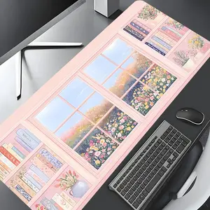 Pink Floral Window Bookshelf Large Gaming Mouse Pad,Aesthetic Desktop Drotection Pad,Washable Rubber Pad Non-Slip Lock Edge Multi-Size Mouse Pad Suitable For Home Office, Office Desk Accessories,Desktop Accessory,Good Gift for Family and friends