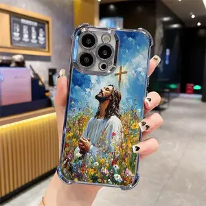 Jesus Clear Protective Four Comers Air Cushion Anti-drop CellPhone Case Clear BracketPhone Case for iPhone 16 15 14 13 12 Pro Max 15 14 Plus Four Corners Cases