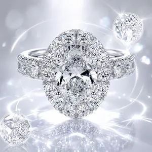 Silver Oval CZ Engagement Ring For Women, Sparkly Crystal Halo Promise Ring, Elegant Bridal Wedding Jewelry Gift