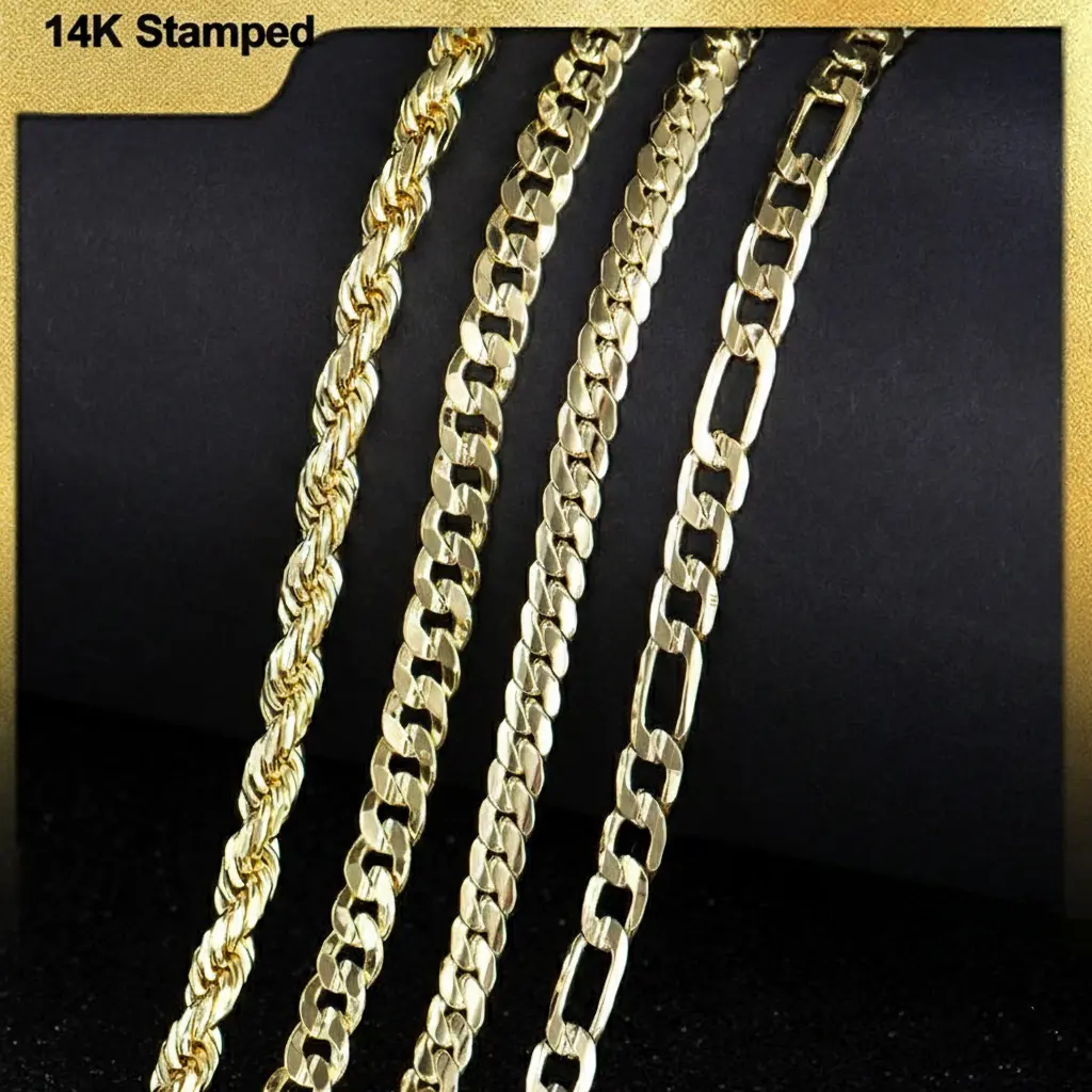 MaxBling81 4PC 14K Stamped Gold-Plated Brass Necklace Set - 6mm Rope, Cuban, Figaro Chains, 20" & 24" Long Chains - High-End Premium Quality, Made in Korea, Long Chain