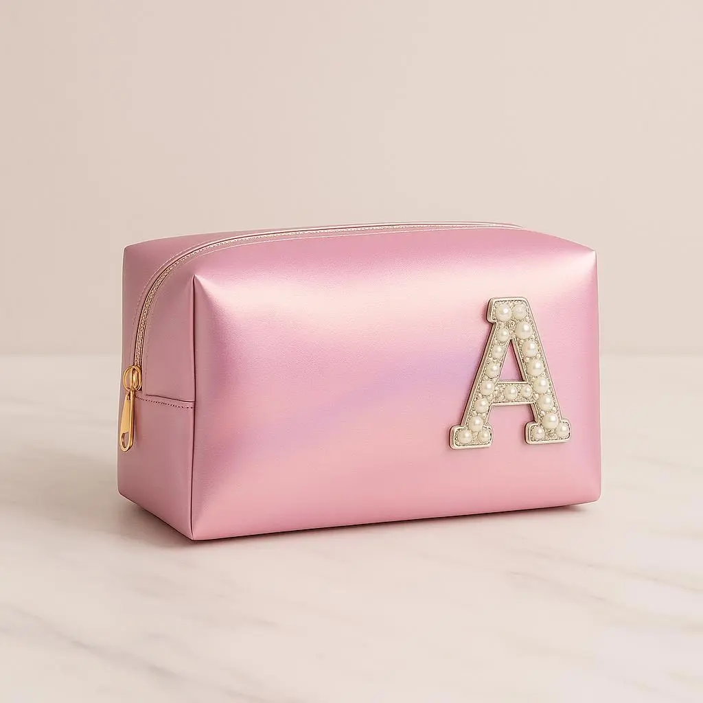 Personalized Makeup Bag | Custom Initial Pearl Letter Cosmetic Pouch | Travel Beauty Case | Bridesmaid Gift | Pink Waterproof Toiletry Bag