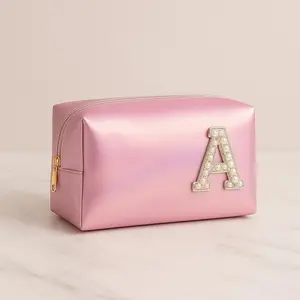 Personalized Makeup Bag | Custom Initial Pearl Letter Cosmetic Pouch | Travel Beauty Case | Bridesmaid Gift | Pink Waterproof Toiletry Bag