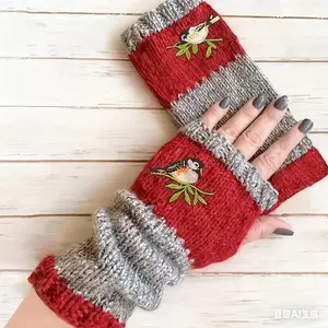 Embroidered Bird Half Finger Gloves, Windproof Knitted Fingerless Gloves for Women, Y2K Patchwork Winter Mittens