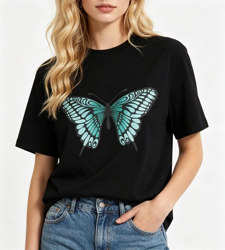 Women's Teal Gradient Butterfly Graphic Print T-Shirt - Pure Cotton Tailored Fit Casual Crew Neck Short Sleeve Top, Boho Nature Aesthetic Short Sleeve Tops #sohochic
