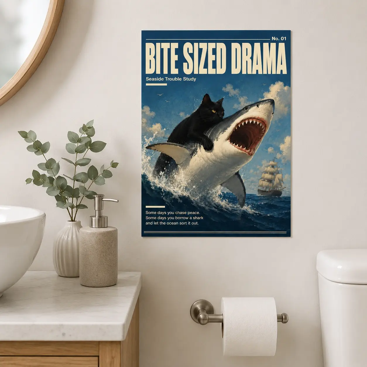 Bite Sized Drama Black Cat Shark Poster – Waterproof Peel & Stick Wall Poster, HD Self-Adhesive Funny Cat Ocean Wall Art for Bedroom, Living Room, Office & Bar Decor, Multiple Sizes